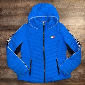 Tommy Hilfiger Logo Hooded Puffer Blue Packable Lightweight Jacket Size Medium
